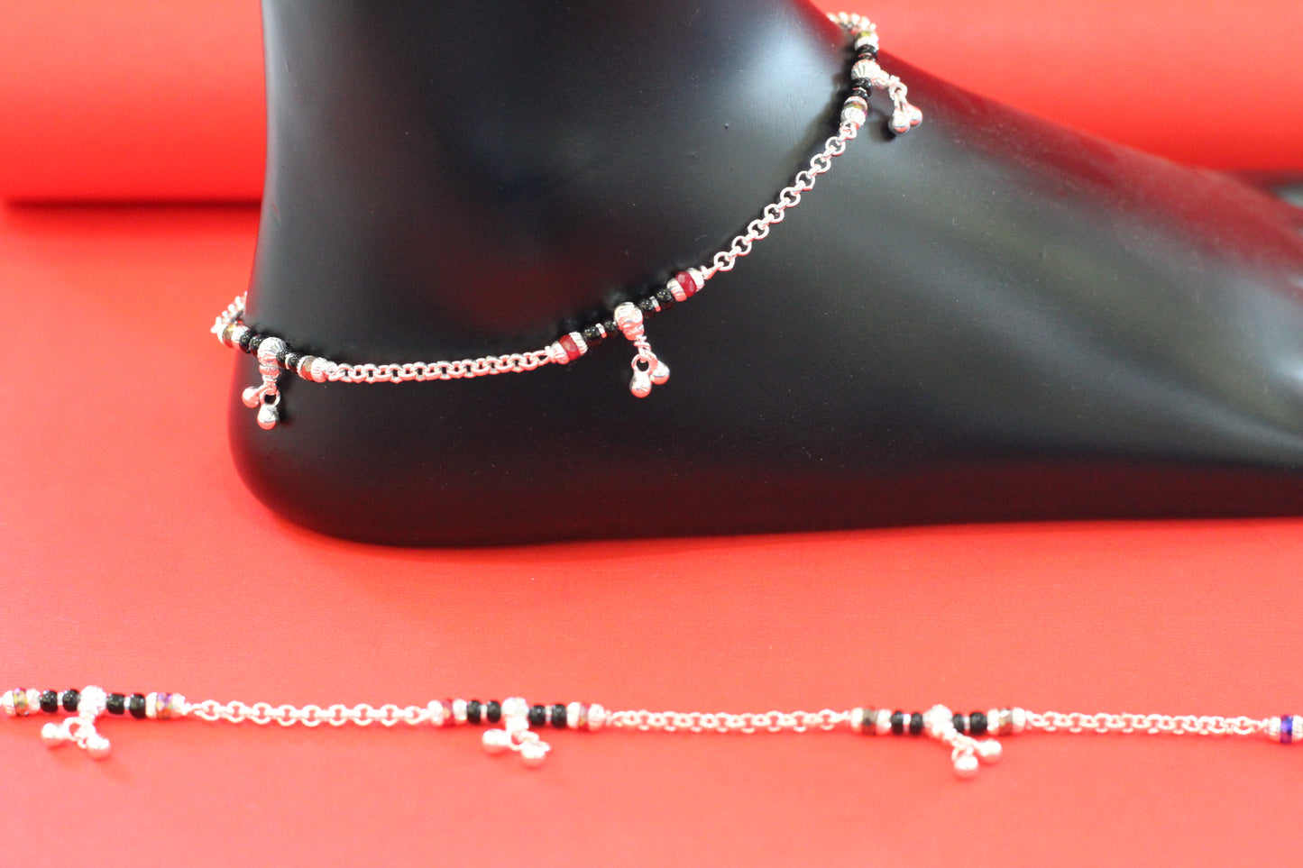 Elegant Silver Black and brown Beaded Anklet with Hanging Charms for Women & Girls