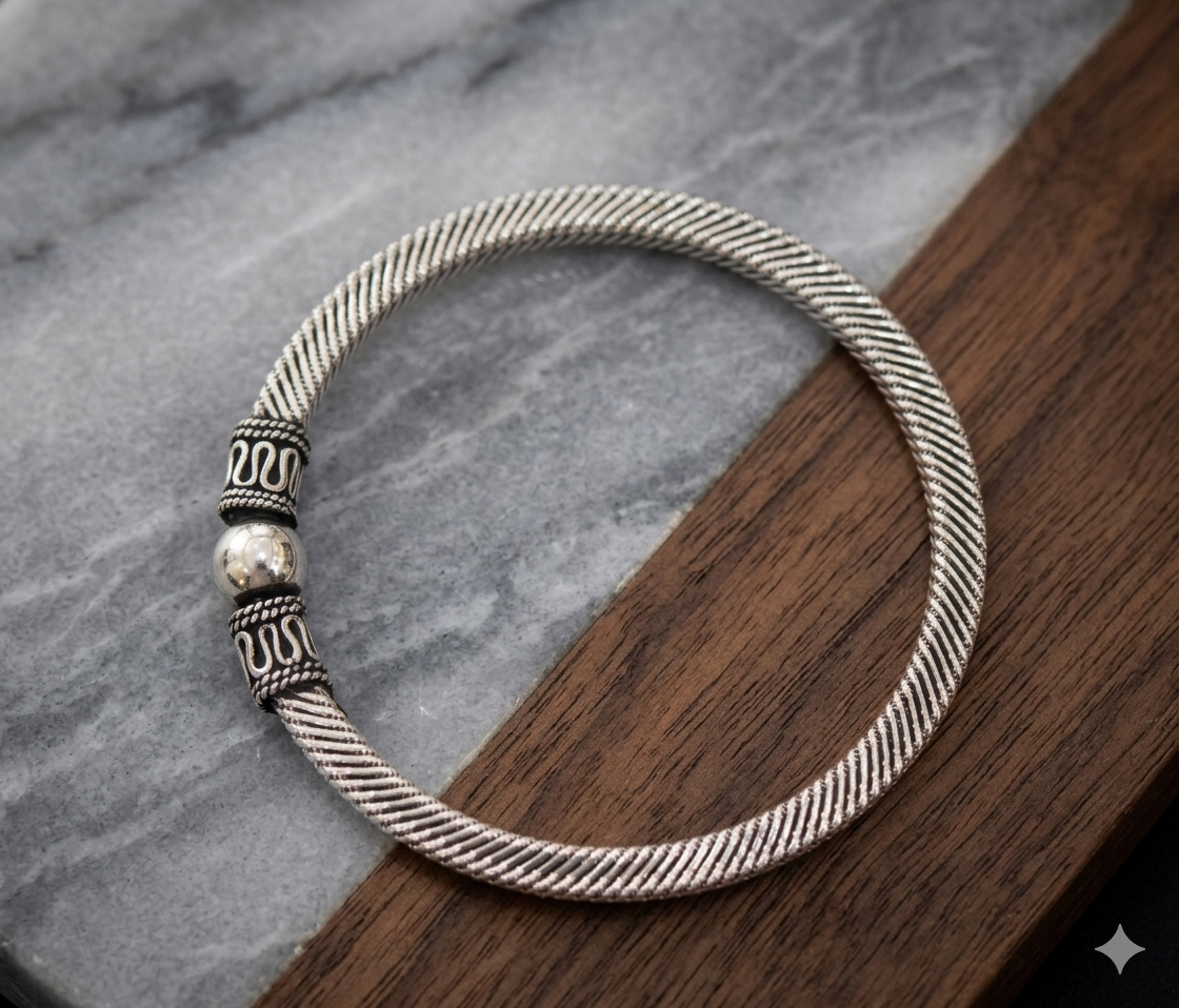 Handcrafted 925 Sterling Silver Textured Kada – Traditional Oxidized Silver Twisted Rope Bangle for Men & Women