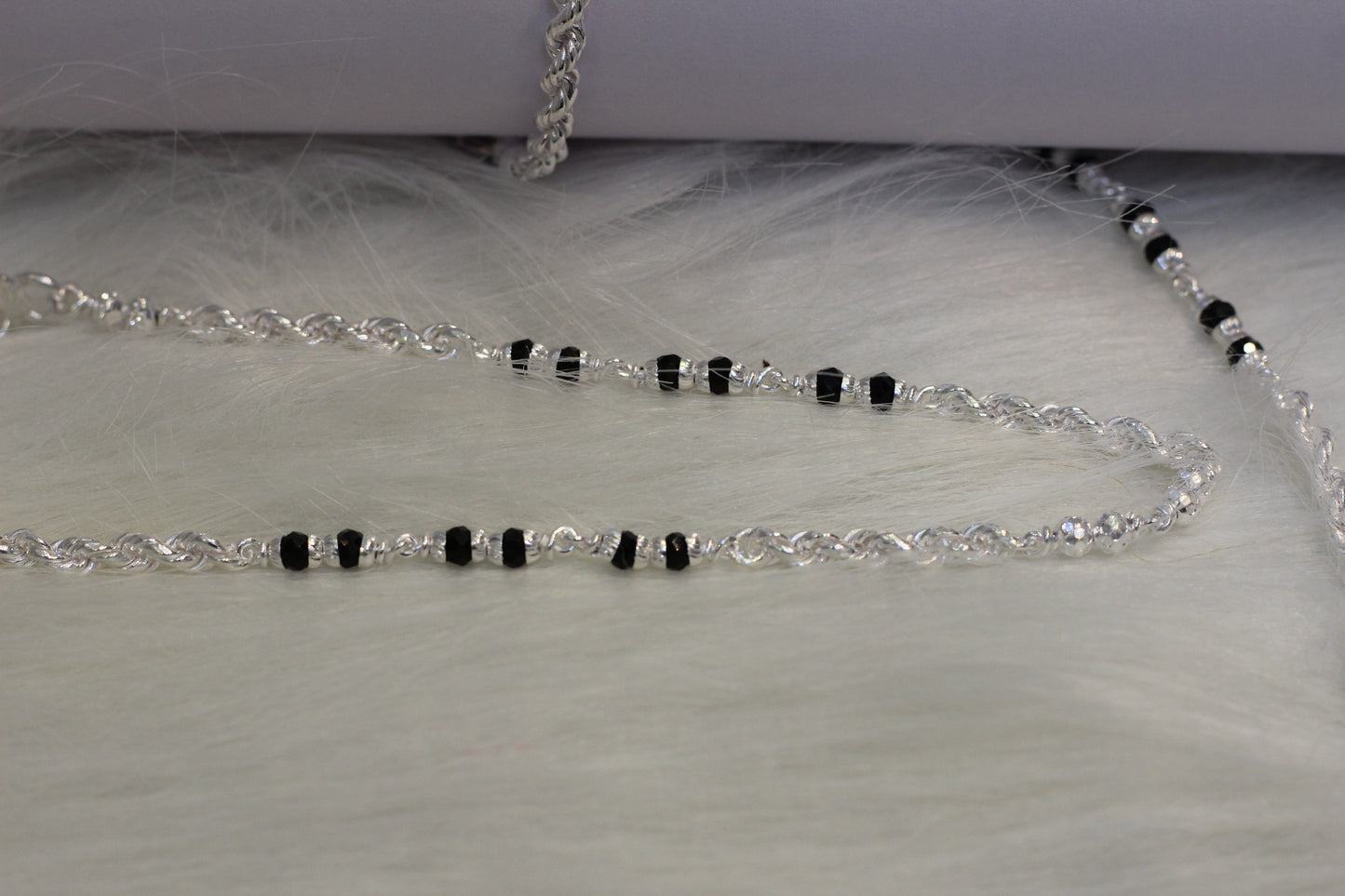 Elegant Silver Payal with black Beads in rope chain