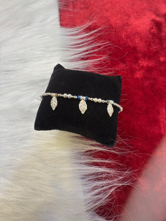 Elegant Silver Leaf Charm Bracelet for Girls – Beaded Design with Blue Accents