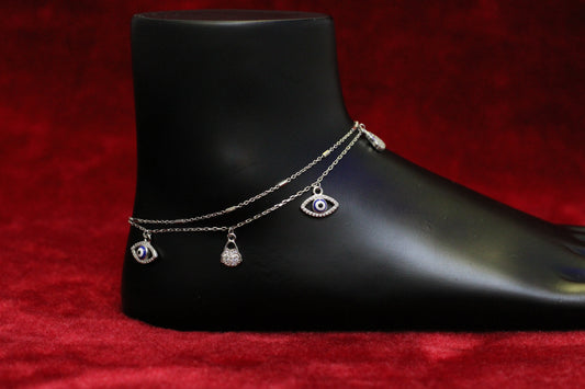 925 Sterling Silver Evil Eye Double Layer Anklet for Women & Girls – Adjustable Chain with Stone Charms