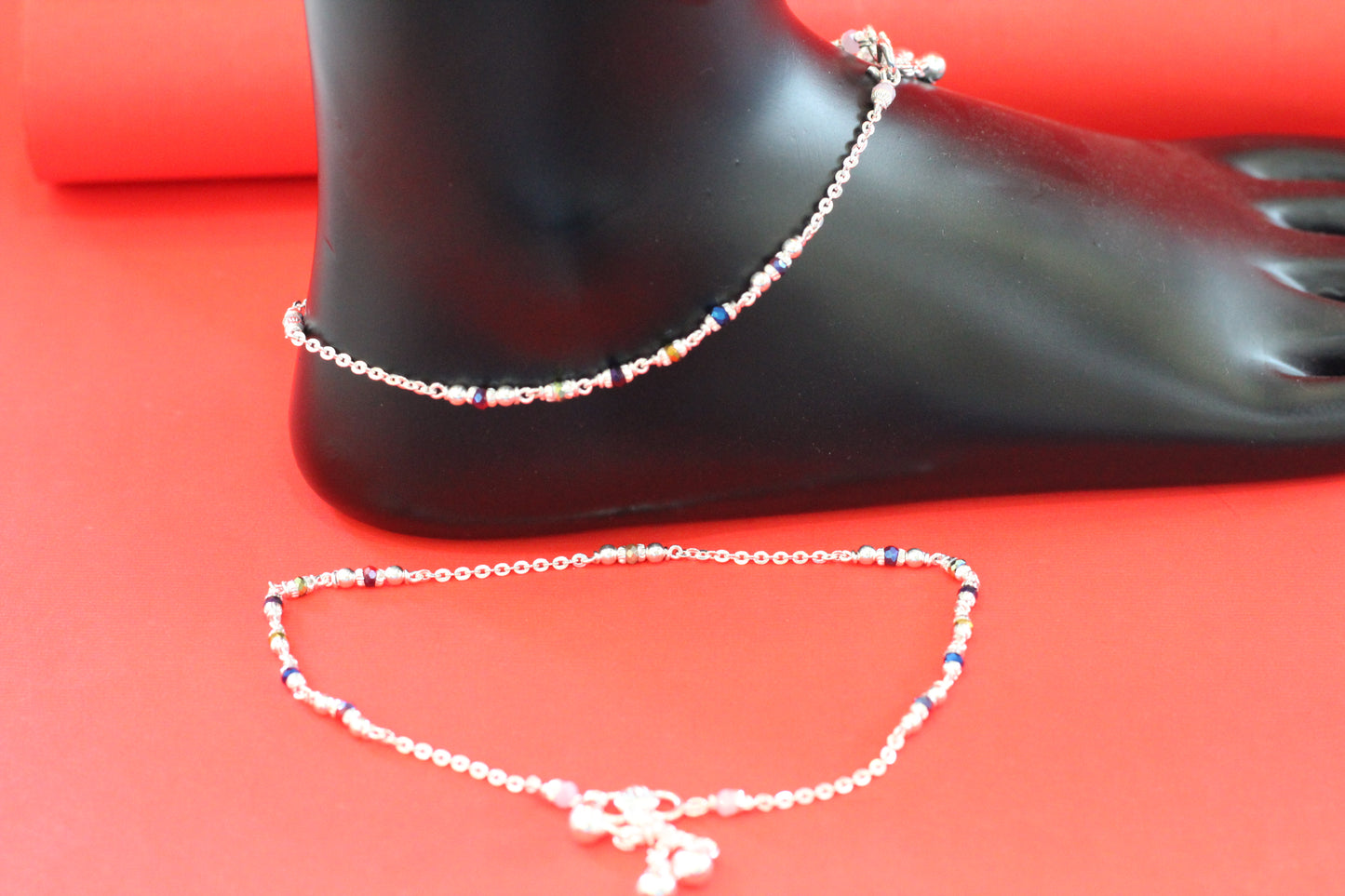 Elegant Silver Anklet with Multicolor Beads for Women & Girls – Lightweight Daily Wear Payal