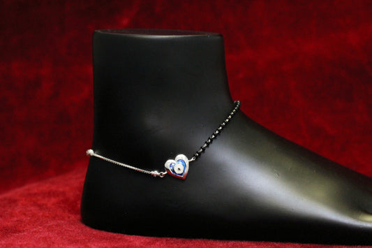 925 Sterling Silver Heart Evil Eye Charm Anklet for Women & Girls | Dual Chain Black Beads & Silver Link Payal| Adjustable Lightweight Design