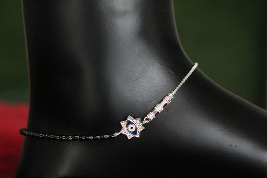 925 Sterling Silver Evil Eye Star Anklet for Women & Girls | Black Beads Payal with Protective Nazar Charm