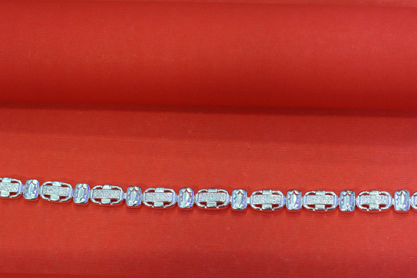 Alternating textured and stone-studded rectangular links Elegant Silver-Tone Designer Bracelet