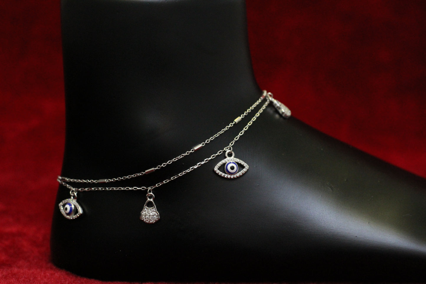 925 Sterling Silver Evil Eye Double Layer Anklet for Women & Girls – Adjustable Chain with Stone Charms
