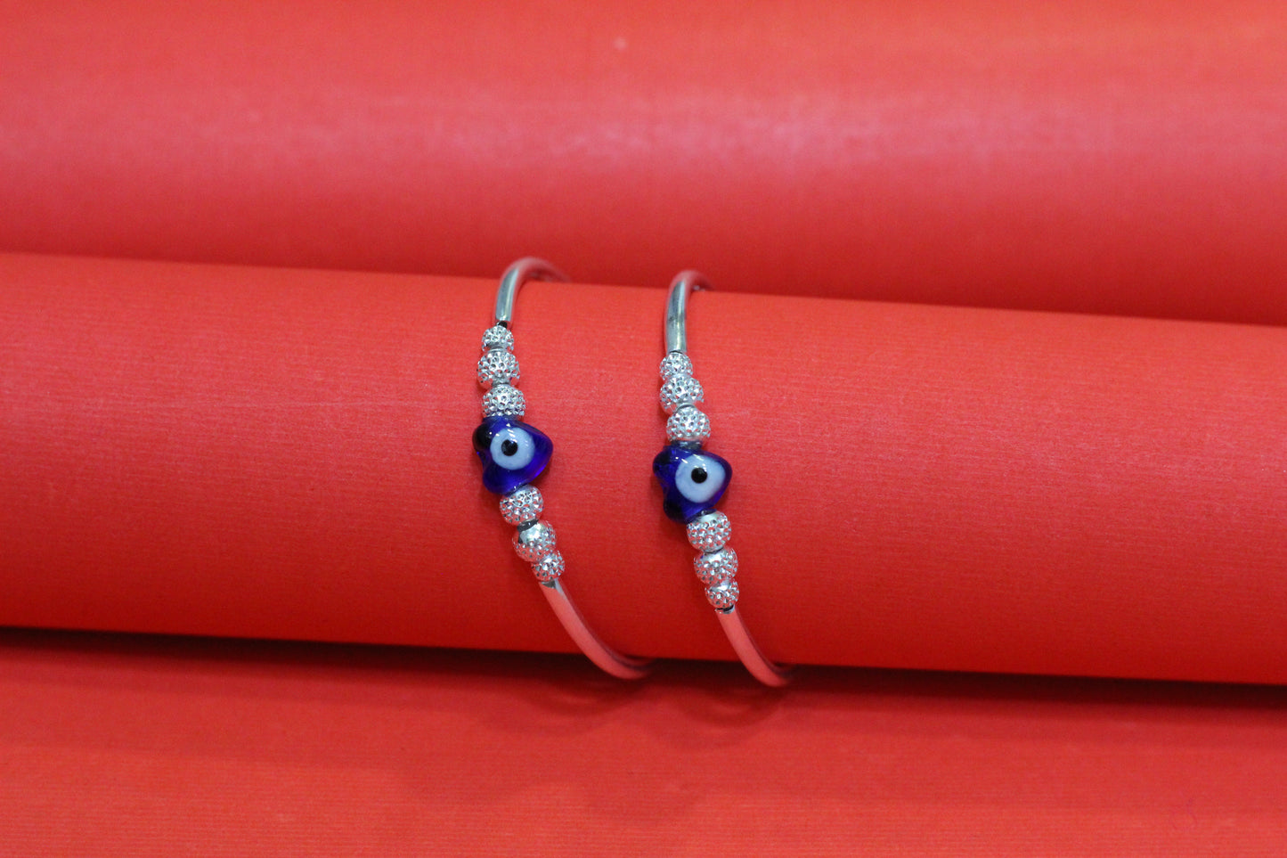 Born baby Silver Kids Bangles with heart shap Evil Eye Beads