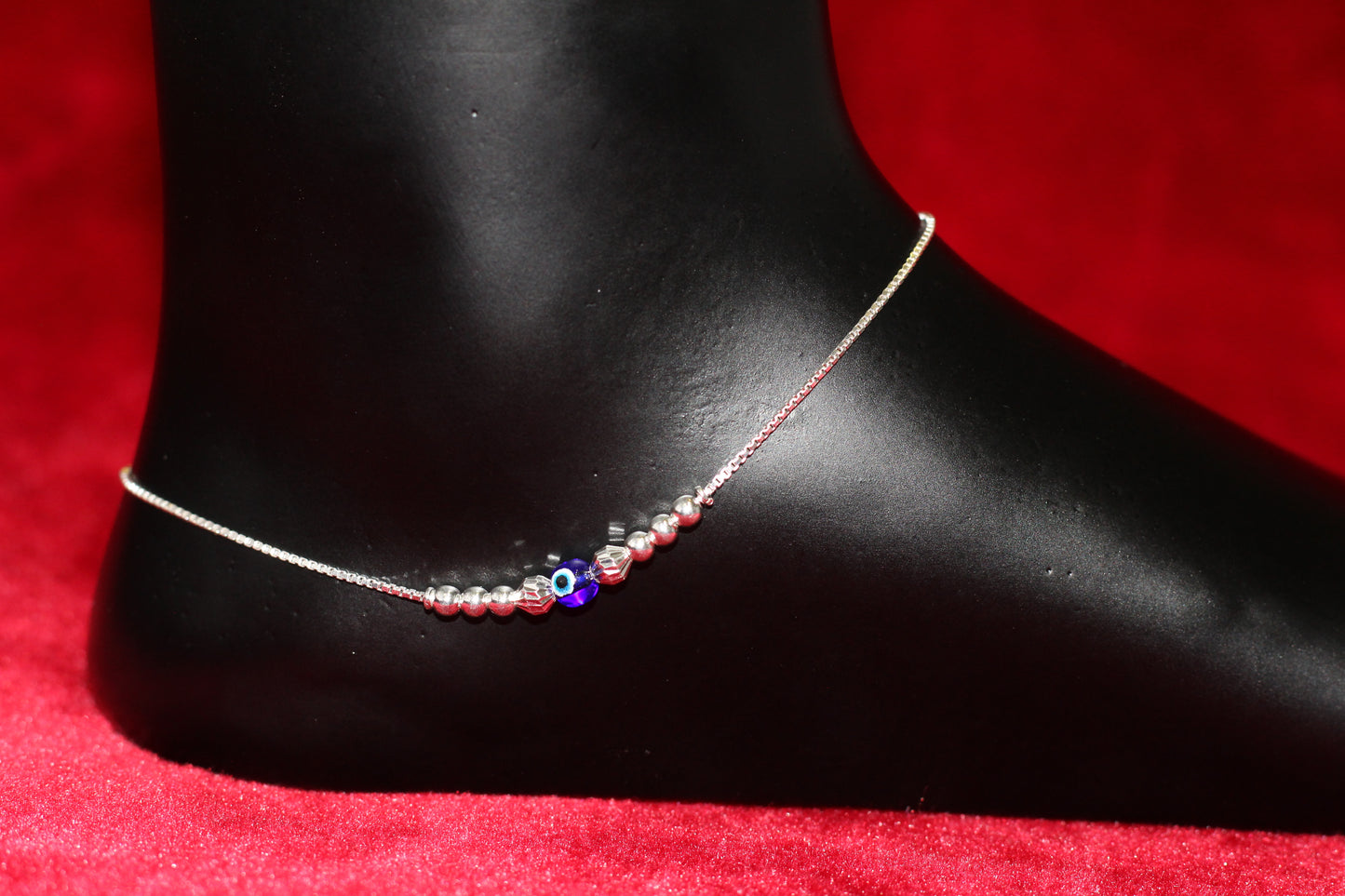 925 Sterling Silver Simple Box Chain Anklet with evil eye Bead Accents for Women & Girls – Lightweight Daily Wear Payal