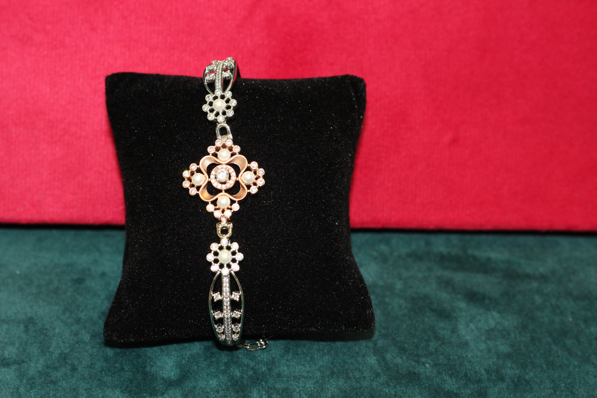 Elegant Two-Tone Floral Pearl & Diamond Link Bracelet