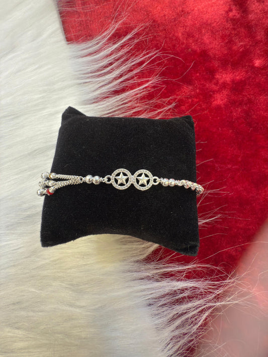 Silver Star Design Bracelet for Girls & Women – Stylish Double Star Charm Beaded Bracelet for Daily & Party Wear