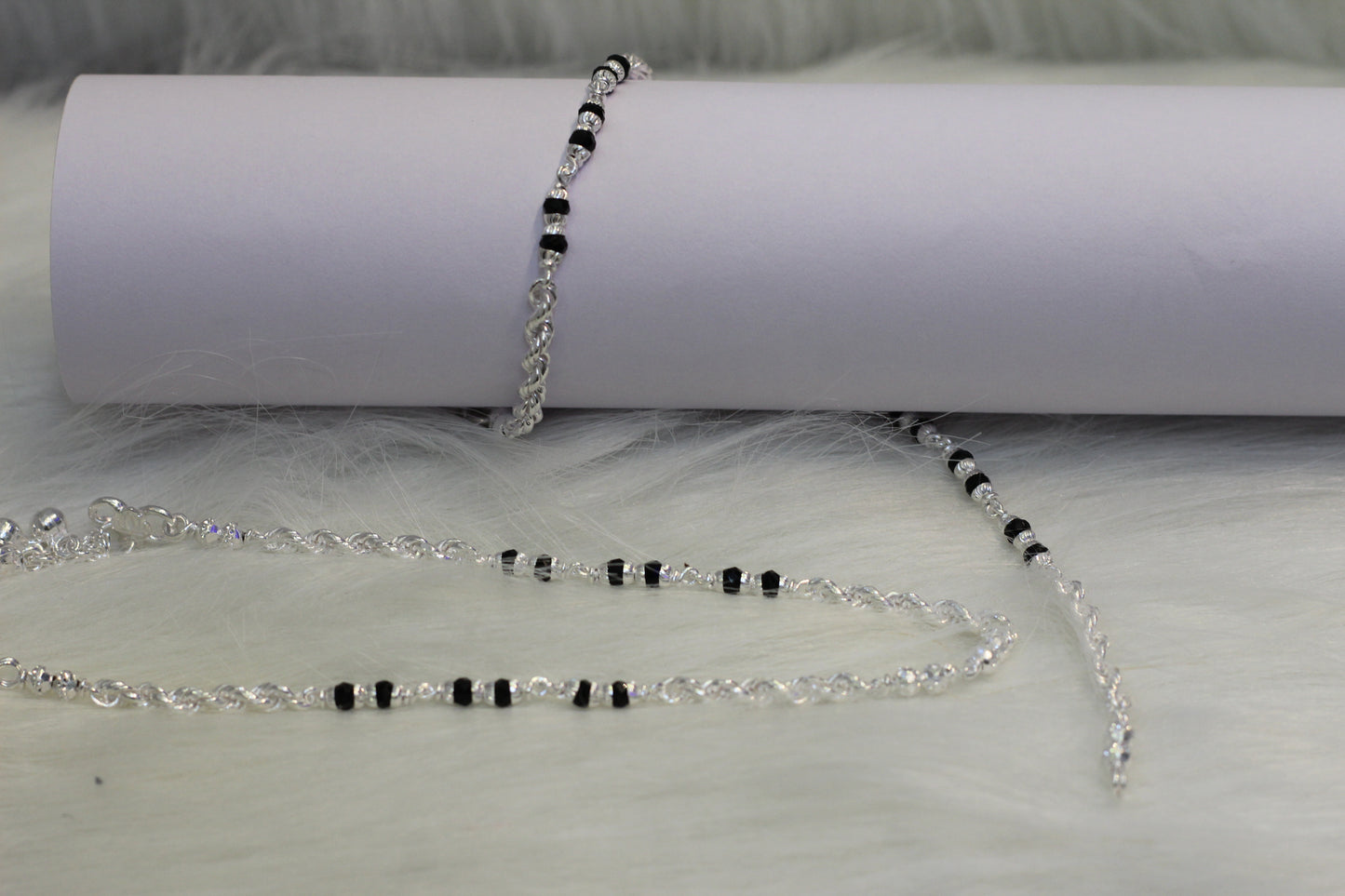 Elegant Silver Payal with black Beads in rope chain