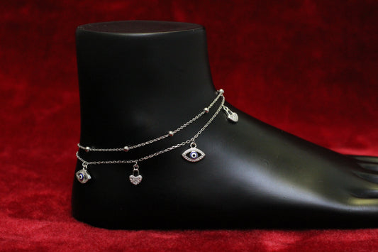 925 Sterling Silver Evil Eye Double Layer Anklet for Women & Girls – Adjustable Chain with heart Stone Charms