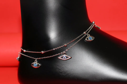925 Sterling Silver Evil Eye Double Layer Anklet for Women & Girls – Adjustable Chain with Blue Stone Charms