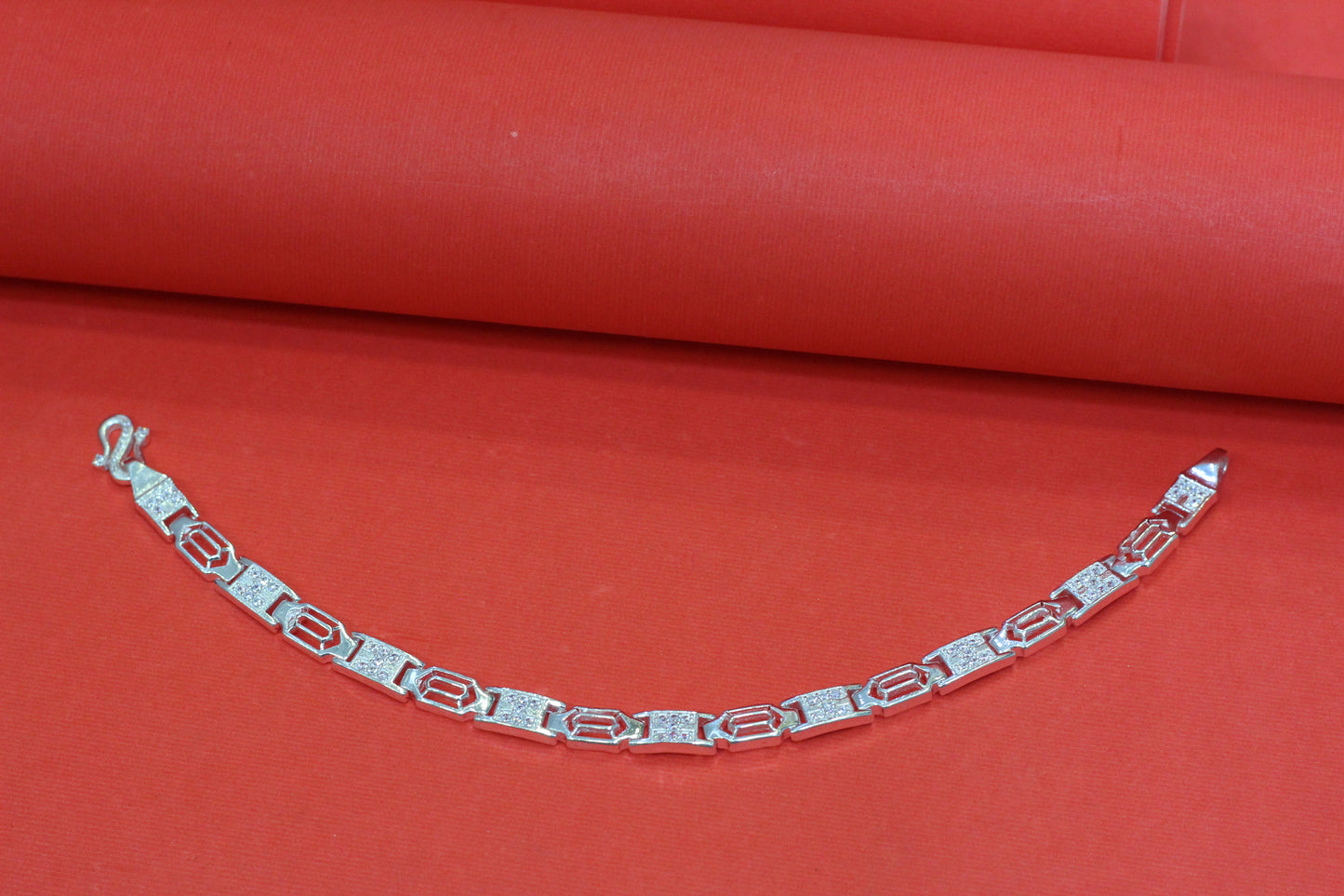 Alternating rectangular & geometric links Elegant Silver-Tone Designer Bracelet