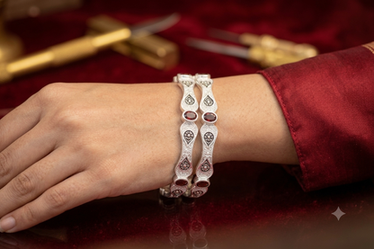 Antique Oxidized Silver Bangles with Oval Red Gemstone Accents (pair/single)