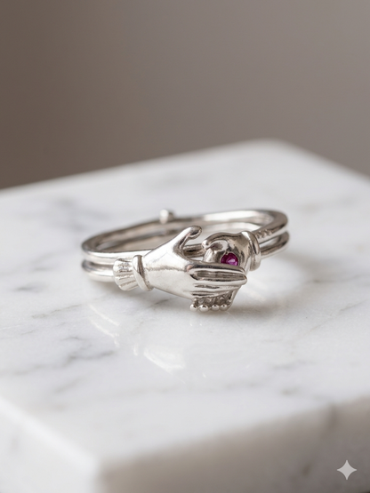 Sterling Silver Interlocking "Clasped Hands" Fede Puzzle Ring with Garnet Accent