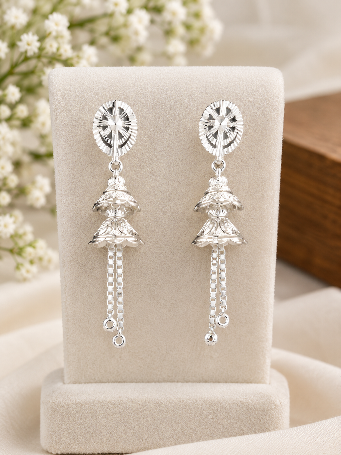 925 Sterling Silver Sunburst Diamond-Cut Tiered Jhumka Drop Earrings with Box Chain Tassels