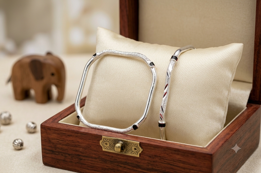 Born Baby Silver Kada Pair / Square Shape Meenakari Nazariya Kids Bangle Set (Size 1.5)