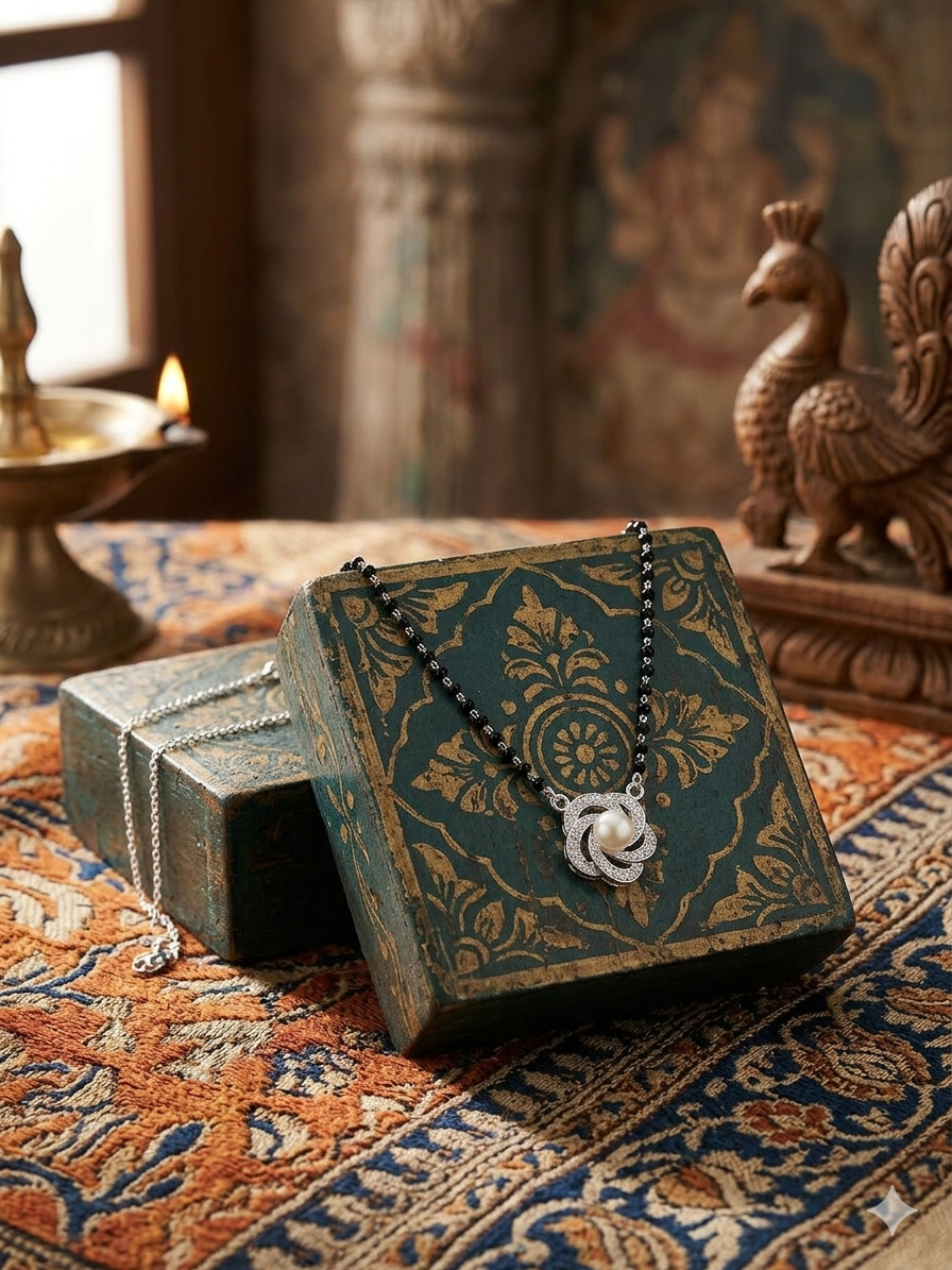 Italian Silver 925 Hallmarked Mangalsutra for Women |CZ and pearl Pendant | Black Beads Chain | Daily Wear & Gift for Wife