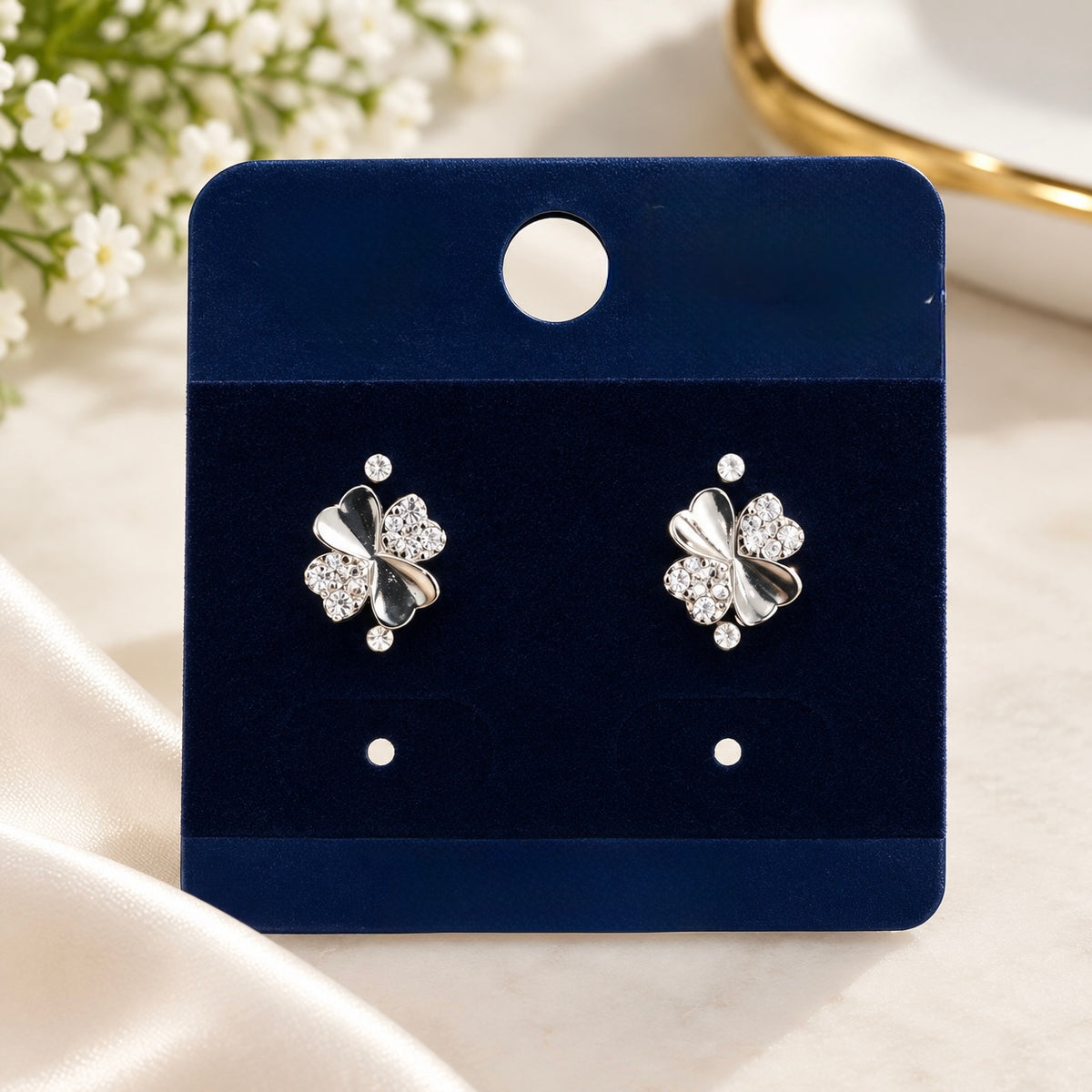 Four-Leaf Clover Crystal Stud Earrings – Silver Two-Tone Pavé Floral Studs
