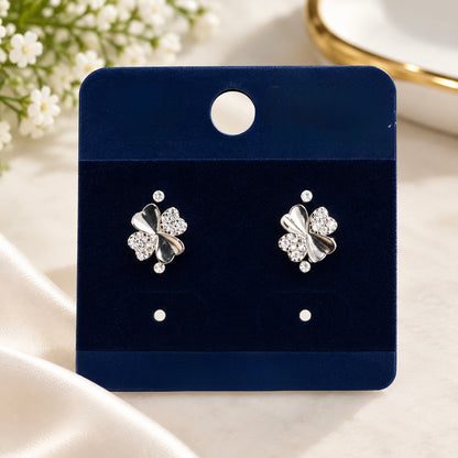 Four-Leaf Clover Crystal Stud Earrings – Silver Two-Tone Pavé Floral Studs
