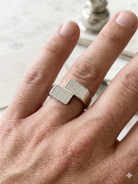 The Stepped Collection: Men’s Architectural Silver Bar Ring with Micro-Pavé Diamonds