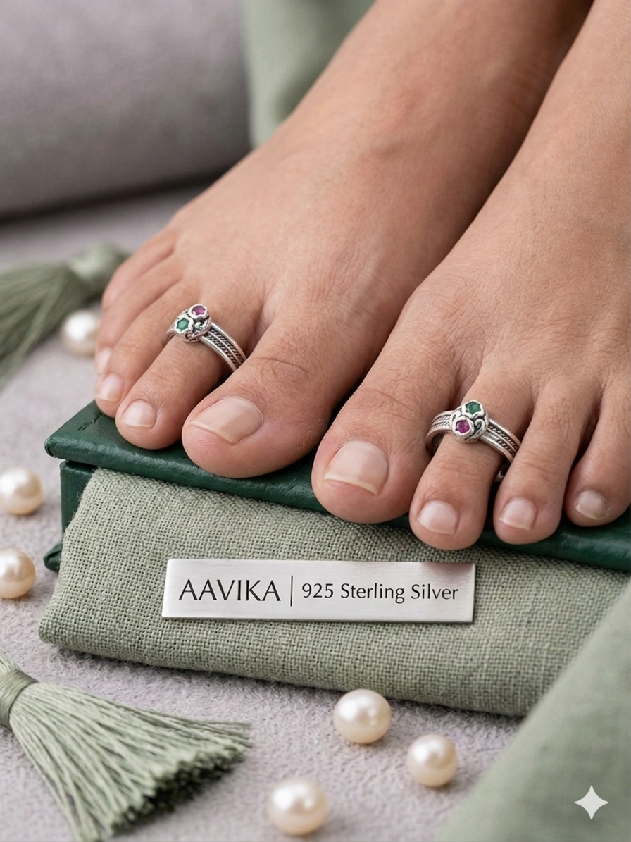 Red Enamel Pattern Silver Mosaic Toe Rings