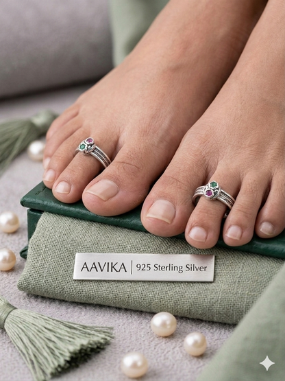 Red Enamel Pattern Silver Mosaic Toe Rings
