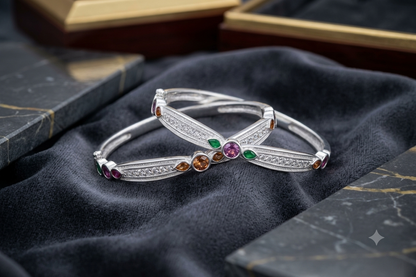 Multi-Gemstone & Diamond Accented Silver Hinged Bangle pair / single