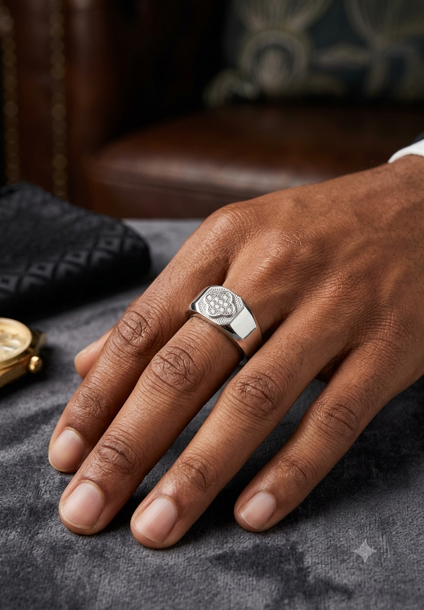 Textured Floral Emblem Silver Statement Band