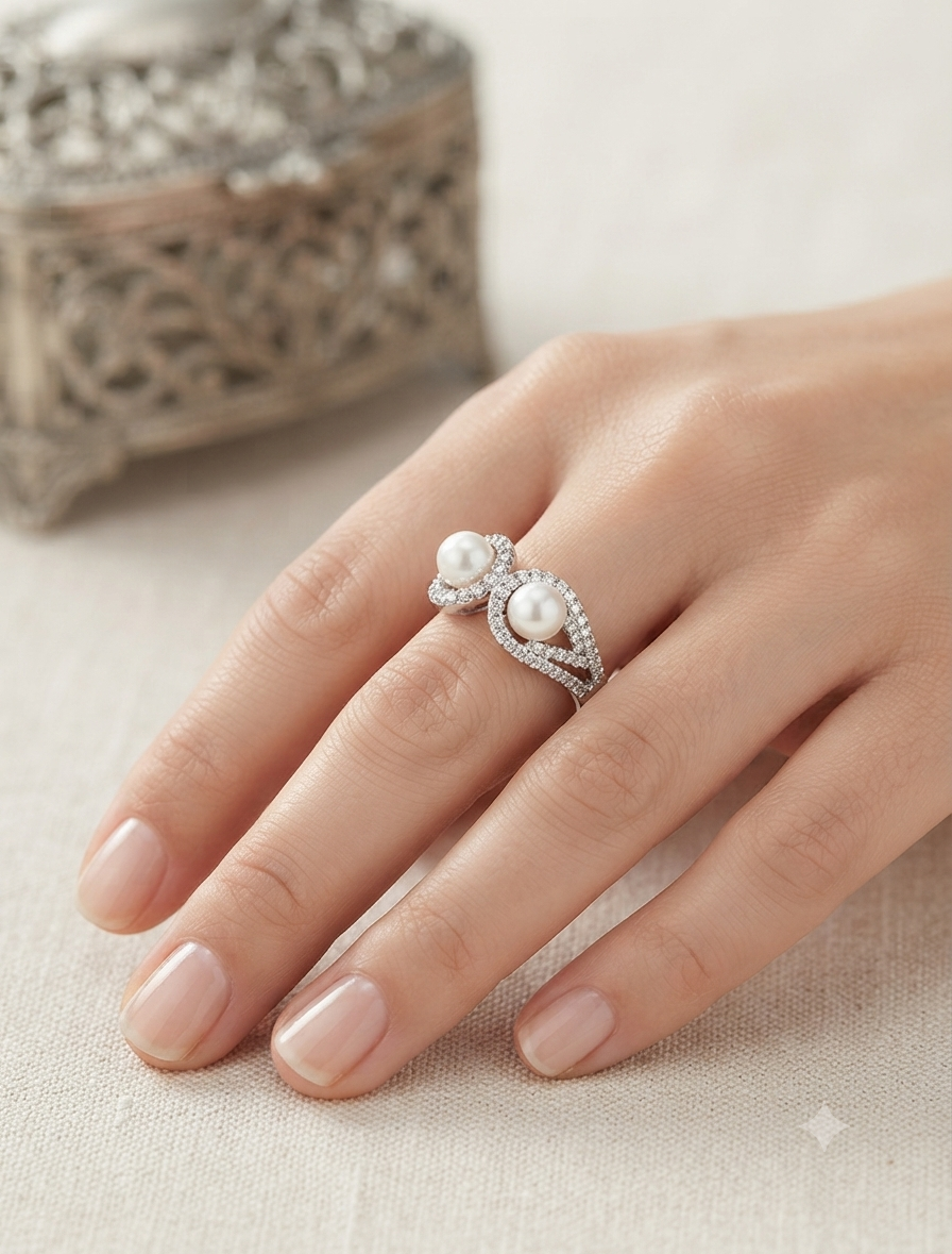 925 Silver Dual Pearl & Contour Statement Ring