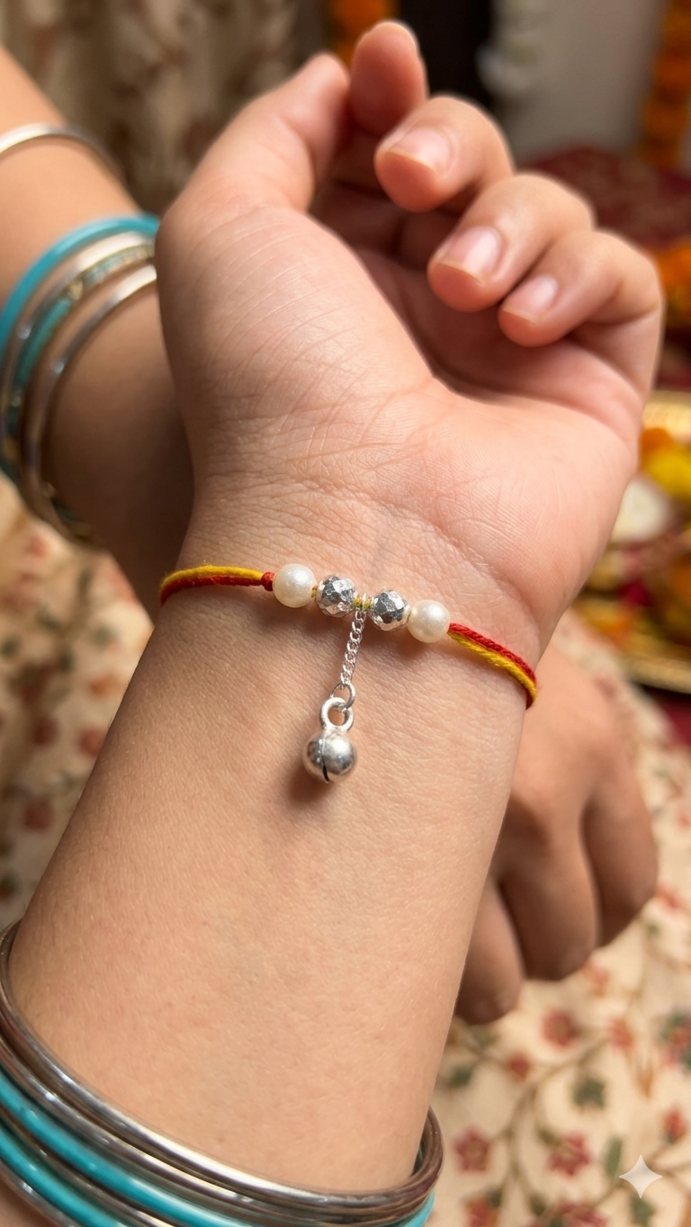 Elegant Pearl and Silver Bead Lumba Bhabhi Rakhi ( set of 3 )