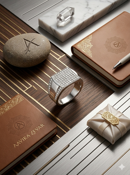 Aavika Zevar Men’s Rectangular Diamond Signet Ring in 925 Silver