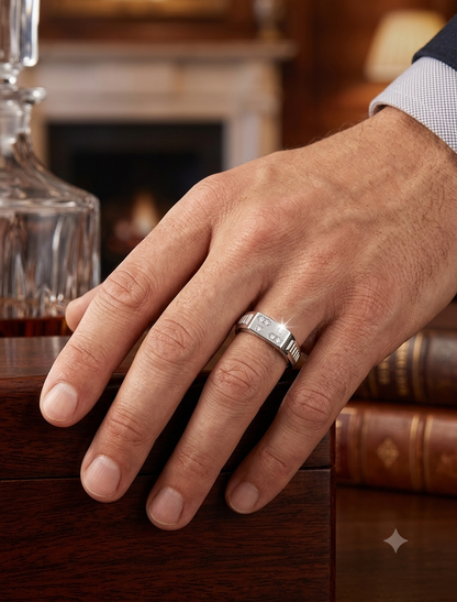 925 Sterling Silver Men’s Bar Signet Ring – Modern Flush-Set Cubic Zirconia Cluster Ring with Fluted Grooves