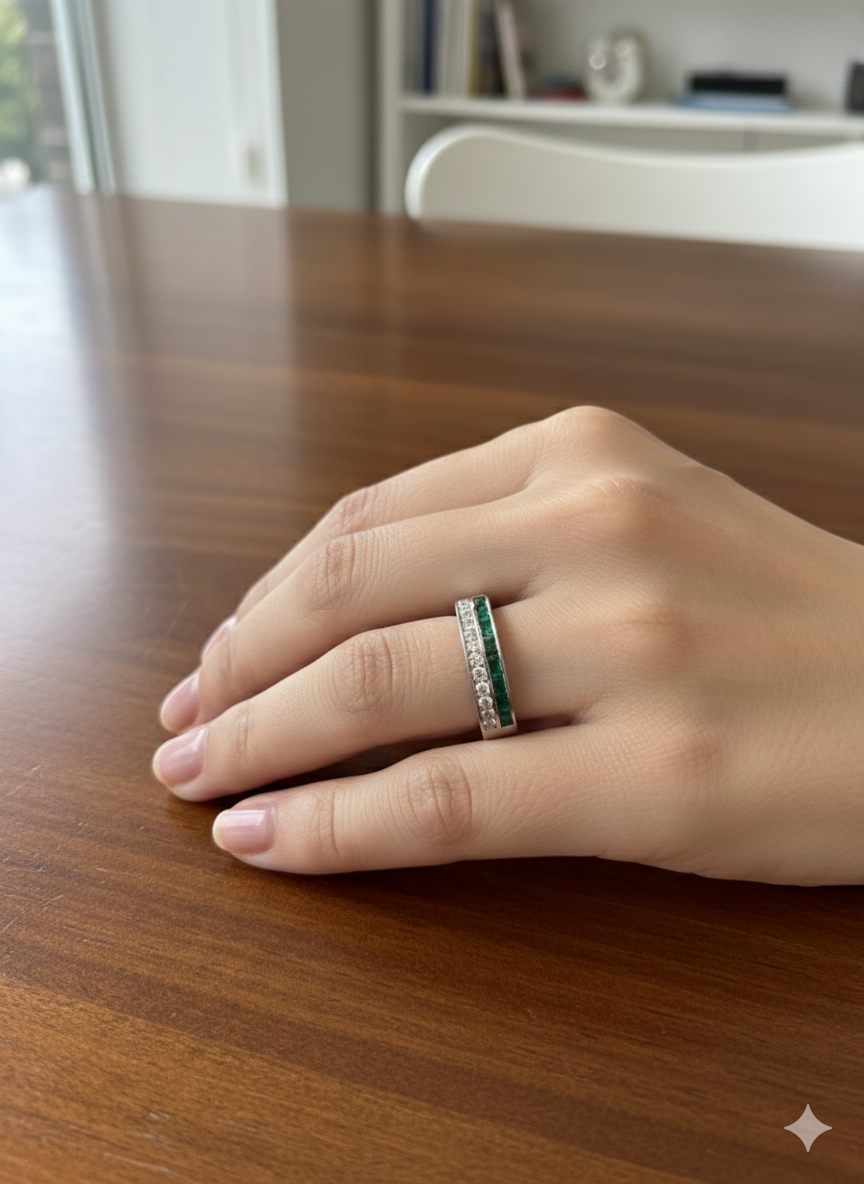 925 Sterling Silver Green Stone Band Ring for Women | Elegant Daily Wear Silver Ring