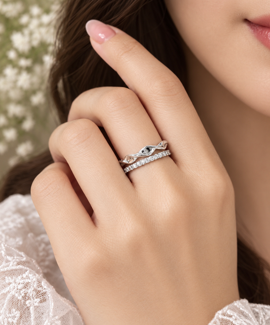 Sterling Silver Organic Wave & Eternity Stacking Ring Set – Dual Band Sculptural Ring