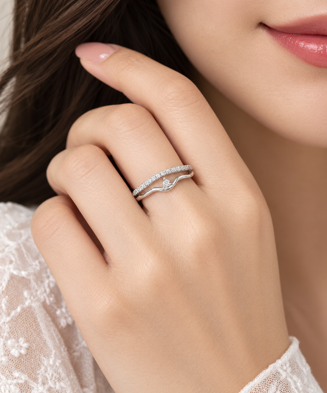 Sterling Silver Curved Wave Nesting Band & Stacking Ring Set – Delicate Tiara Crown Bridal Ring