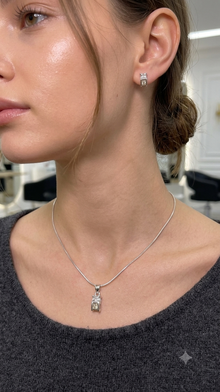 925 Silver stud Pendant Necklace with Sparkling earring