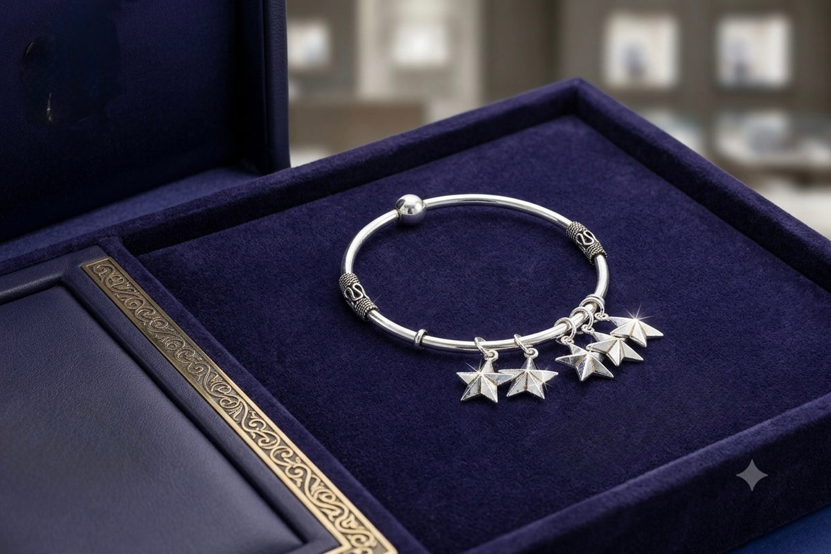 925 Silver Kada For Girls With Star Hanging Charms