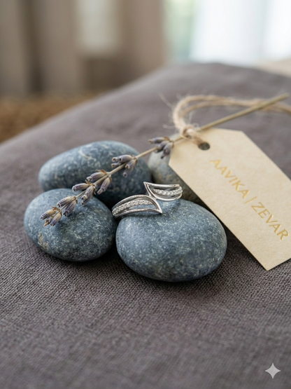 Aavika Zevar Sterling Silver Leaf-Inspired Open Bypass Ring | Handcrafted Sparkling Pavé Crystal Adjustable Ring for Women | Modern Minimalist Nature Jewelry