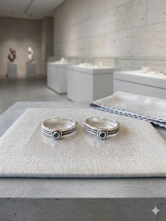 Aavika Silver Mosaic Toe Rings green Enamel Pattern