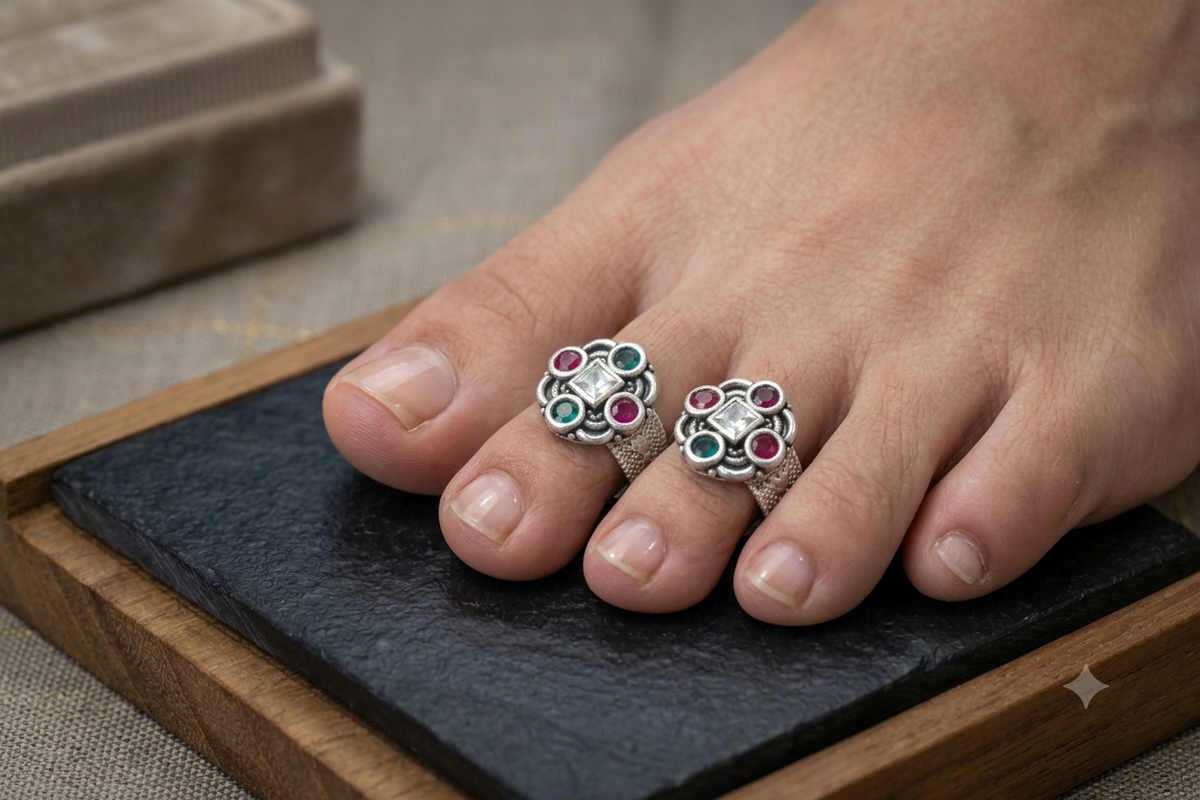 Silver Adjustable Toe Rings for Women | Floral Design with Multicolor Stones | Oxidized Silver Bichiya | Traditional & Daily Wear (Pair)