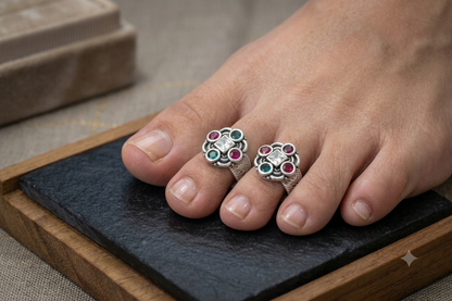 Silver Adjustable Toe Rings for Women | Floral Design with Multicolor Stones | Oxidized Silver Bichiya | Traditional & Daily Wear (Pair)