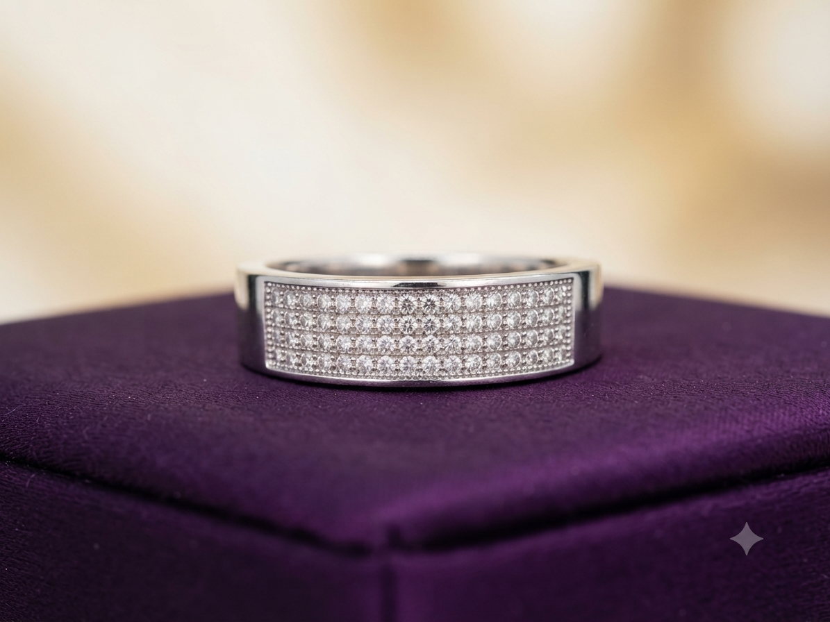 Men’s Sterling Silver Diamond Band – 5-Row Micro CZ Wedding & Anniversary Ring