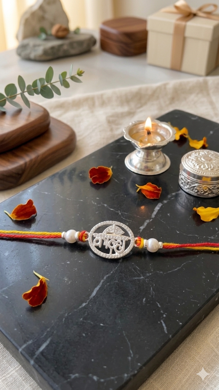 Silver "Kanha" Rakhi with Zircon Stones and Pearl Accents ( set of 3 )