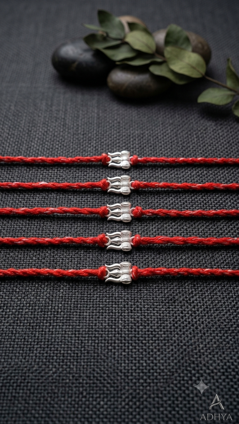 Silver Trishul & Damru Red Thread Rakhi (Set of 5)