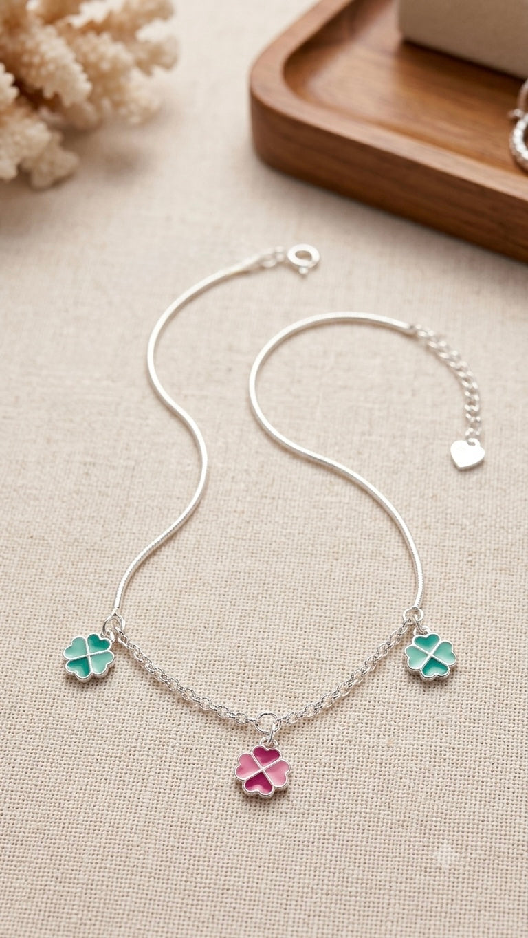 Sterling Silver Multi-Color Four-Leaf Clover Anklet (pair)
