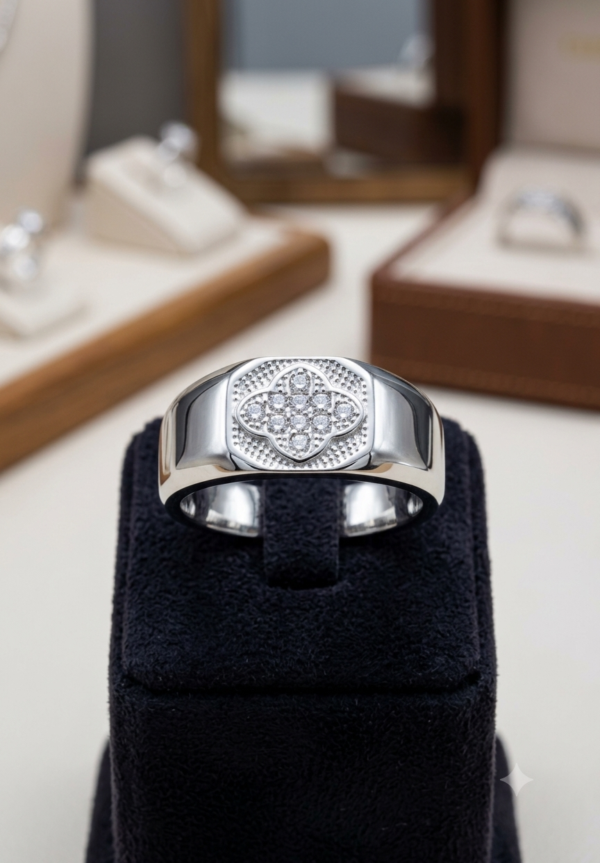 Textured Floral Emblem Silver Statement Band