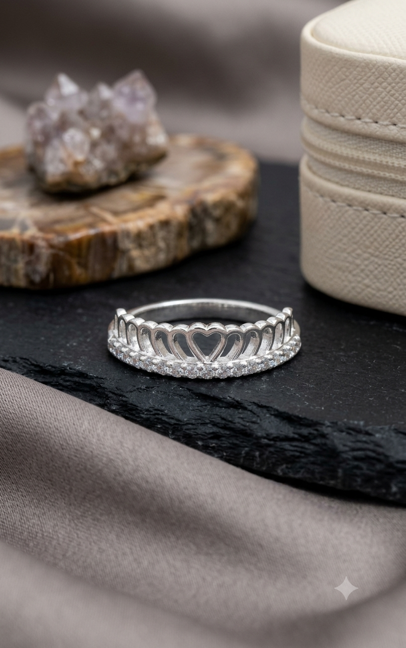 Women's Silver Heart Crown Tiara Ring / Cubic Zirconia Princess Band