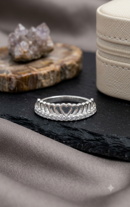 Women's Silver Heart Crown Tiara Ring / Cubic Zirconia Princess Band